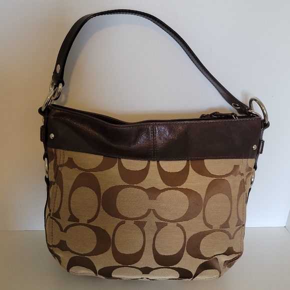 Coach Signature Jacquard/Brown Leather Bag - Picture 5 of 12